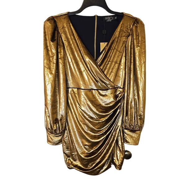 New Free People PatBO Metallic Velvet Mini Dress $650 Sz 8 Gold Wrap Inspired - Picture 6 of 9